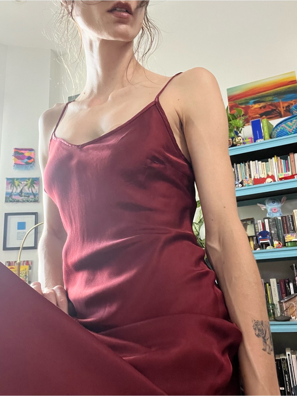 90s Style Silky Burgundy Slip Dress